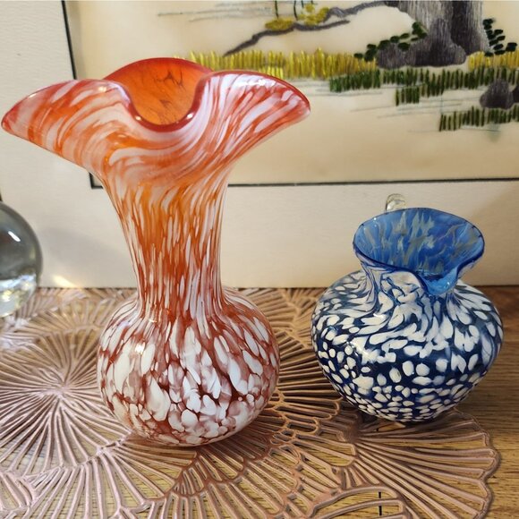 Blown Glass Orange Blue White Speckle Pitcher Vases Rainbow Glass - Picture 9 of 11